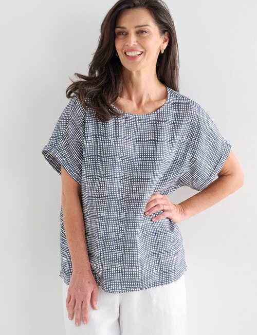 Ella J Linen Shell Top, Navy Check product photo