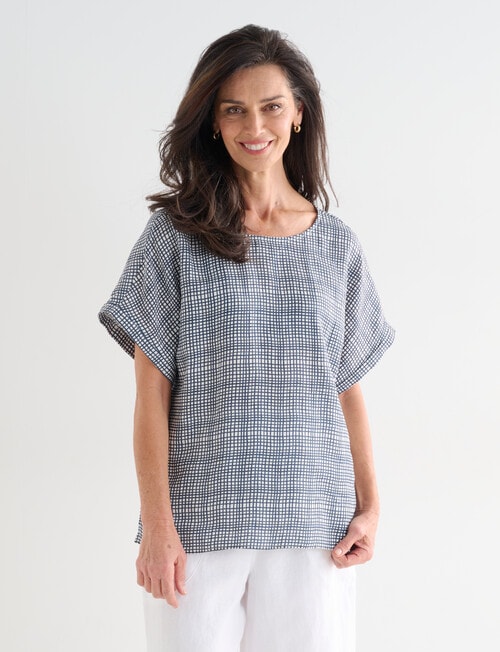 Ella J Linen Shell Top, Navy Check product photo View 06 L