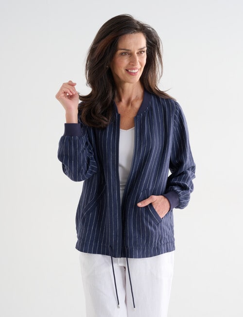 Ella J Linen Zip Jacket, Navy Stripe product photo View 04 L