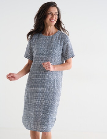 Ella J Linen Shift Dress, Navy Check product photo