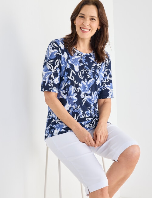 Ella J Elbow Sleeve Cotton Tee, Navy Floral product photo View 04 L