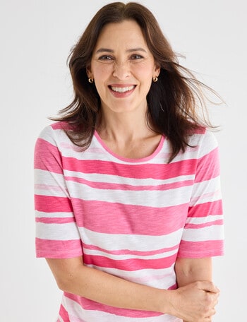 Ella J Elbow Sleeve Cotton Tee, Pink Stripe product photo