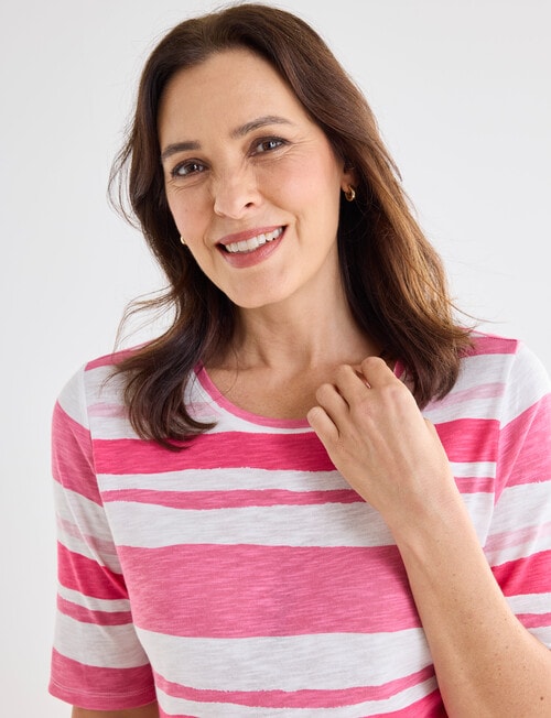 Ella J Elbow Sleeve Cotton Tee, Pink Stripe product photo View 04 L