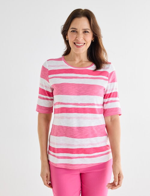 Ella J Elbow Sleeve Cotton Tee, Pink Stripe product photo View 05 L