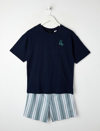 Sleep Squad Stripe Knit & Woven PJ Set, Navy & Denim, 9-16 product photo