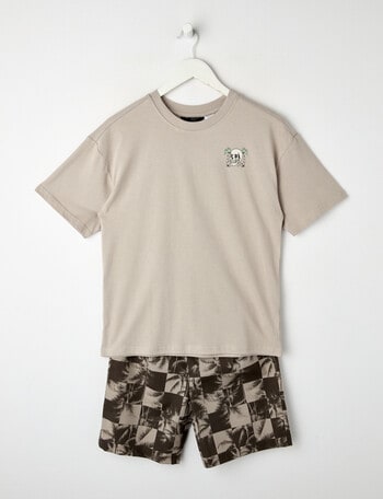 Sleep Squad Skull Island Palm Check Knit & Woven PJ Set, Stone, 9-16 product photo