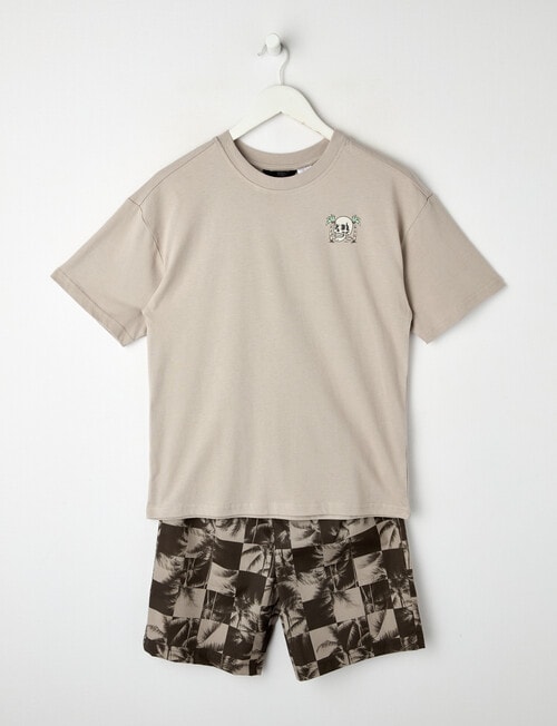 Sleep Squad Skull Island Palm Check Knit & Woven PJ Set, Stone, 9-16 product photo