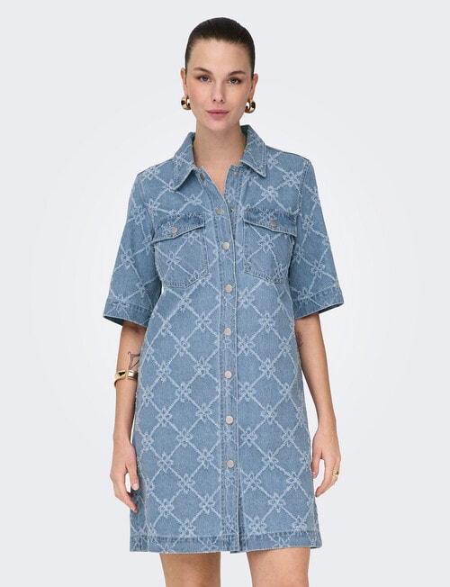 ONLY Bell Short Sleeve Button Up Denim Dress, Light Blue product photo