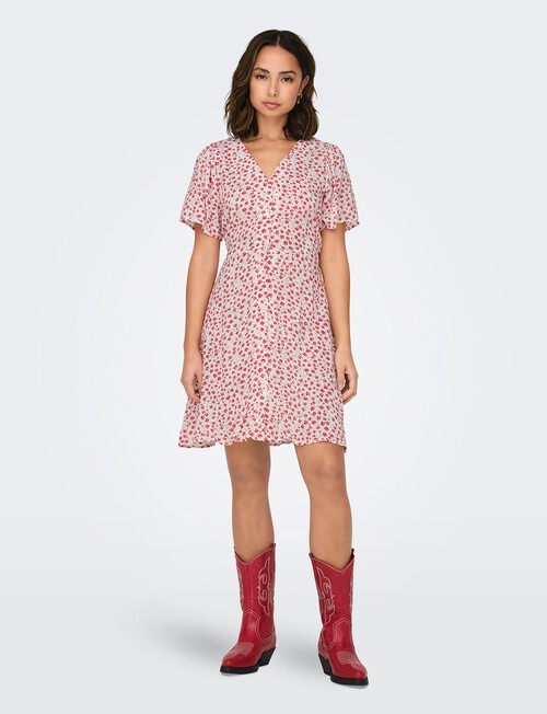 ONLY Evida Short Sleeve Short Dress, Red Lucy Flower product photo