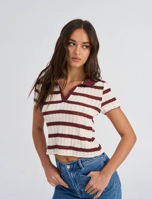 ONLY Halia Collar Stripe Top, Cloud Dancer & Ruby Wine product photo