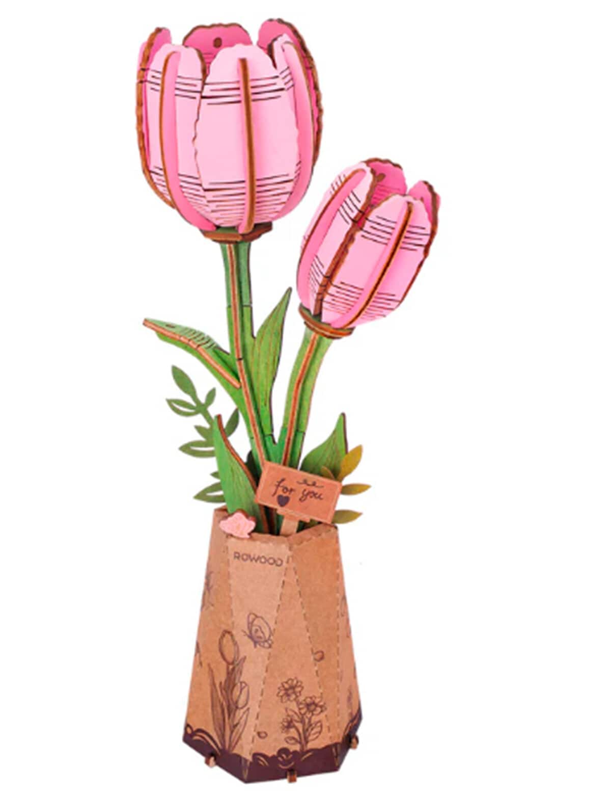 DIY Kits Rowood Pink Tulip Flower 3D Wooden Puzzle, TW082
