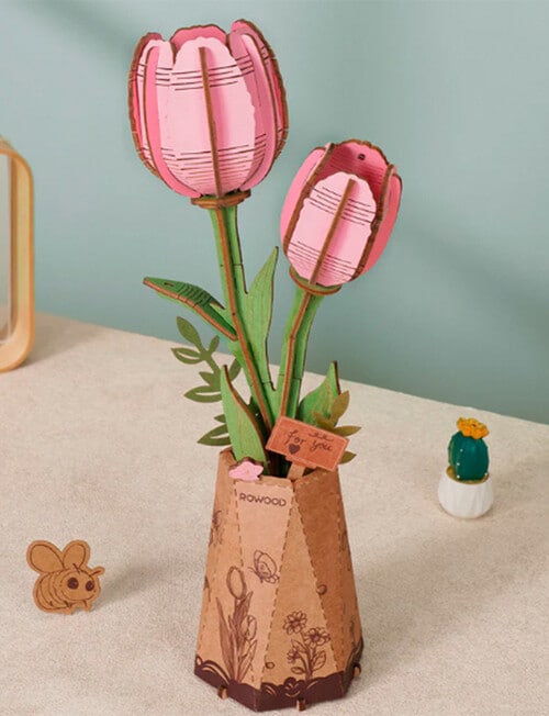 DIY Kits Rowood Pink Tulip Flower 3D Wooden Puzzle, TW082 product photo View 03 L