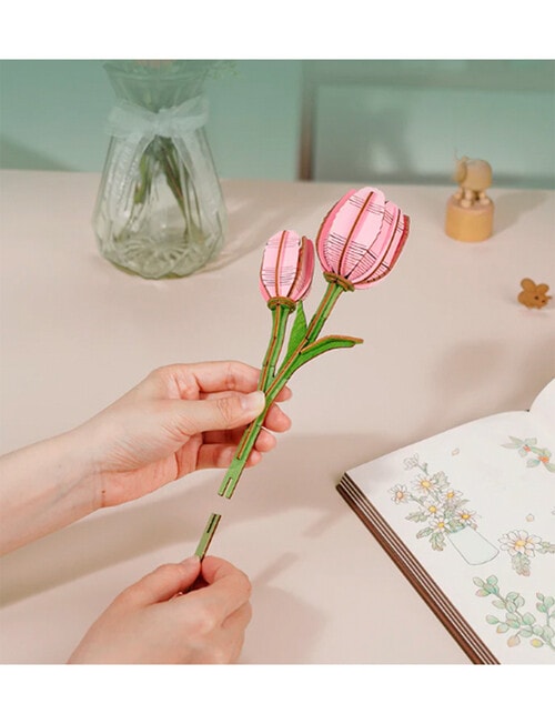 DIY Kits Rowood Pink Tulip Flower 3D Wooden Puzzle, TW082 product photo View 05 L