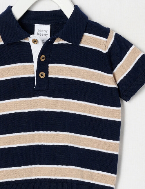 Teeny Weeny Stripe Short Sleeve Knit Polo T-Shirt, Navy product photo View 02 L