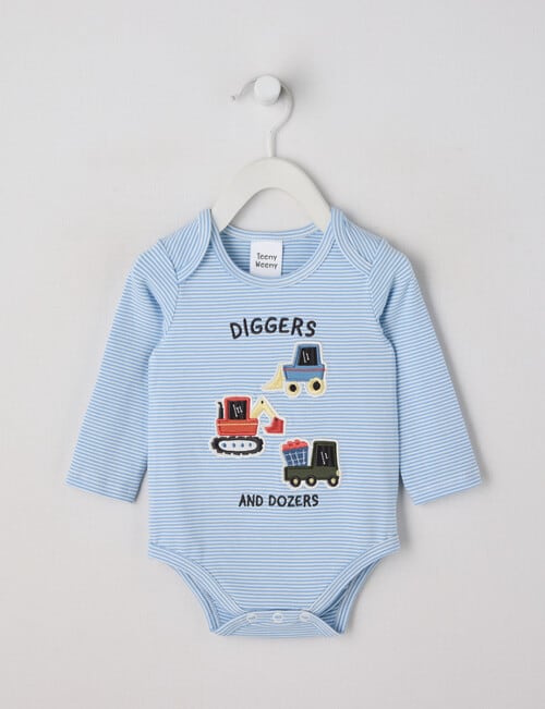 Teeny Weeny Striped Diggers Long Sleeve Bodysuit, Blue product photo