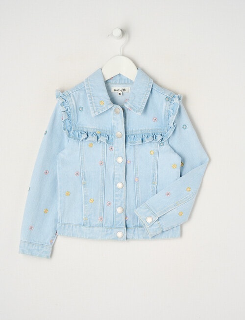 Mac & Ellie Embroidered Daisies Denim Frill Jacket, Light Blue product photo