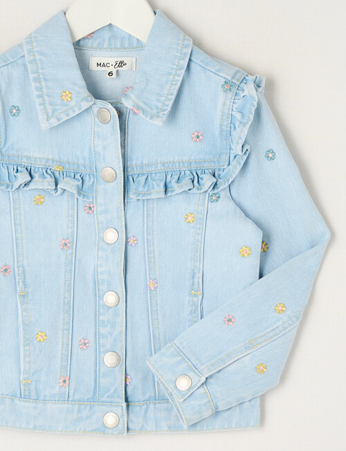 Mac & Ellie Embroidered Daisies Denim Frill Jacket, Light Blue product photo View 02 L