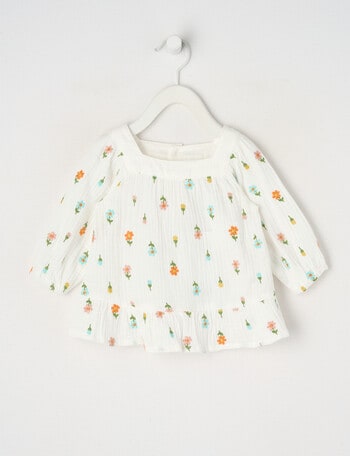 Teeny Weeny Cheese Cloth Flower Embroidery Long-Sleeve Top, White product photo