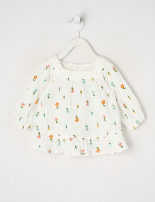 Teeny Weeny Cheese Cloth Flower Embroidery Long-Sleeve Top, White product photo