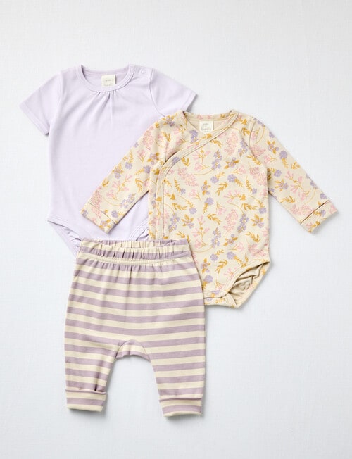 Little Bundle Flower Bodysuits & Pant Set, 3-Piece, Lilac & Sand product photo