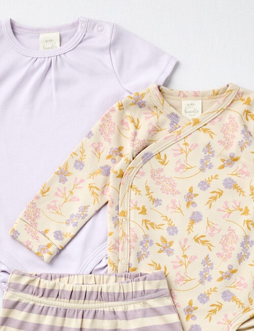 Little Bundle Flower Bodysuits & Pant Set, 3-Piece, Lilac & Sand product photo View 02 L