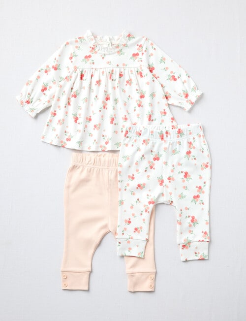 Little Bundle Flower Top & Pants Set, 3-Piece, Pink & Vanilla product photo