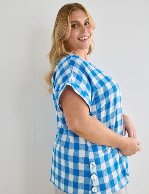 Studio Curve Linen Blend Short Sleeve Shell Top , Blue Gingham product photo