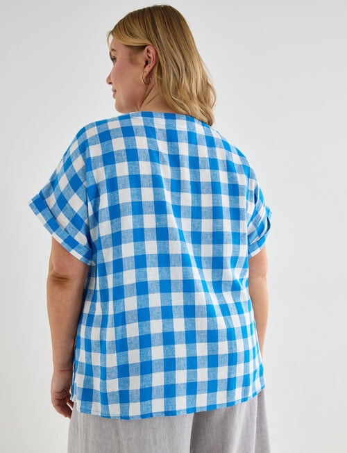 Studio Curve Linen Blend Short Sleeve Shell Top , Blue Gingham product photo View 02 L