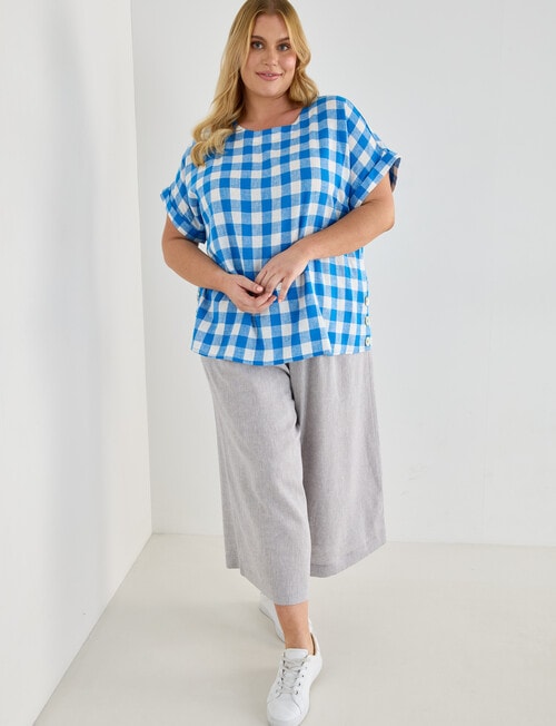 Studio Curve Linen Blend Short Sleeve Shell Top , Blue Gingham product photo View 03 L