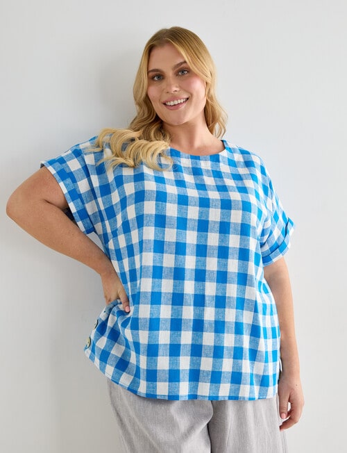 Studio Curve Linen Blend Short Sleeve Shell Top , Blue Gingham product photo View 04 L