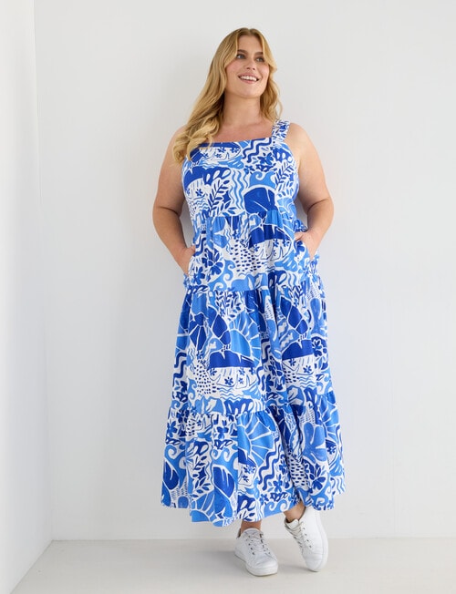 Studio Curve Linen Blend Sleevless Dress, Blue Print product photo View 06 L