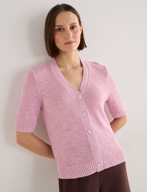 Jigsaw Briar Linen Blend Short Sleeve Cardigan, Pink Mist product photo View 04 L