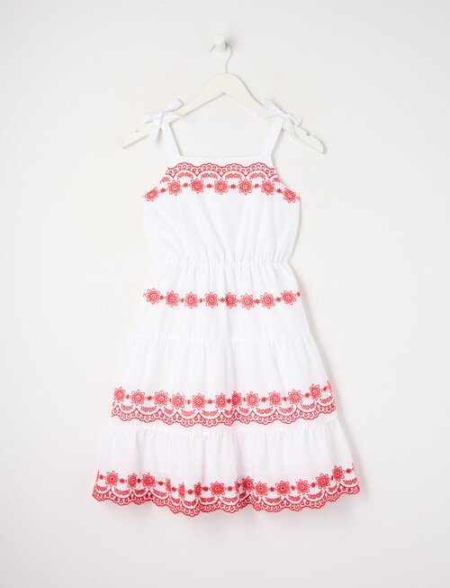 Switch Tiered Embroidery Dress, White & Red product photo