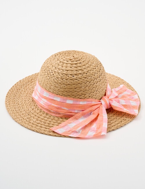 Mac & Ellie Gingham Bow Straw Sunhat, Natural product photo View 02 L