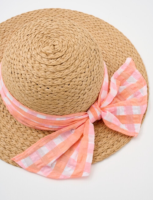 Mac & Ellie Gingham Bow Straw Sunhat, Natural product photo View 04 L