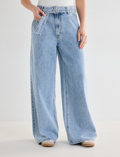 Mineral Sven Studded Belt Wide Leg Jeans, Blue product photo