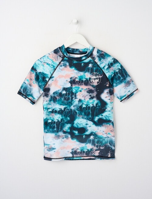 Wavetribe Tie Dye Short Sleeve Rash Top, Teal product photo