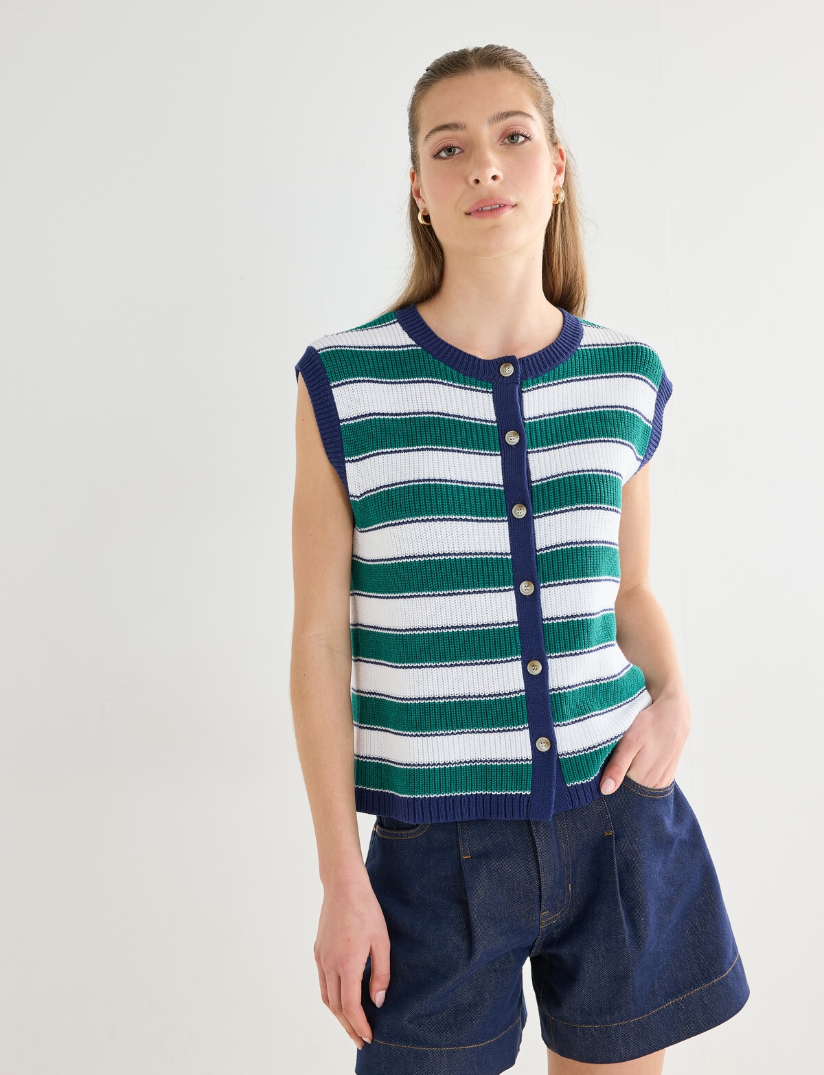 Mineral Zuma Knit Vest, Green Stripe - Womens Clearance