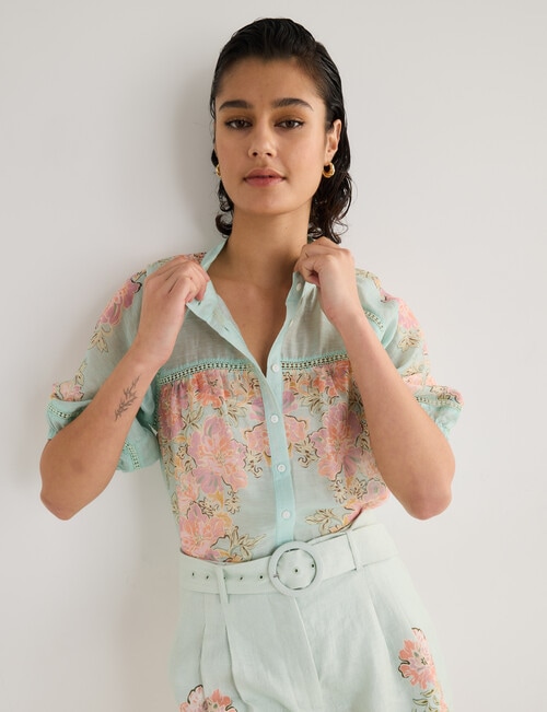 State of play Lily Floral Print Lace Trim Blouse, Ice Blue product photo