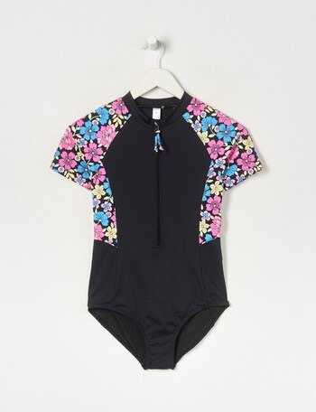 Wavetribe Retro Floral Short Sleeve Rashsuit, Black product photo