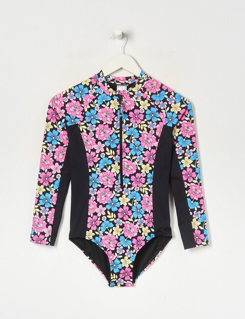 Wavetribe Retro Floral Long Sleeve Rashsuit, Black product photo