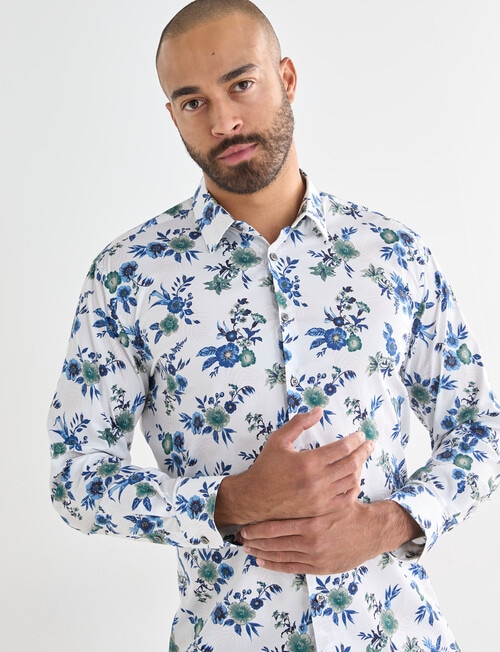 Laidlaw + Leeds Floral All Over Print Long Sleeve Shirt, White product photo