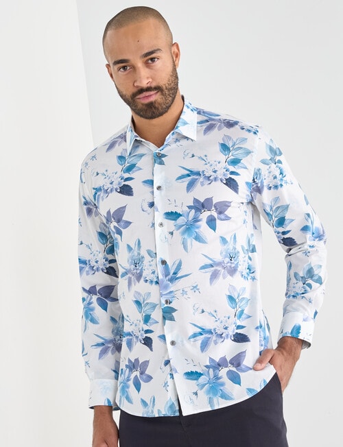 Laidlaw + Leeds Floral All Over Print Long Sleeve Shirt, White product photo