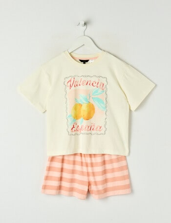 Sleep Squad Valencia Oranges Knit Short PJ Set, Vanilla, 8-16 product photo