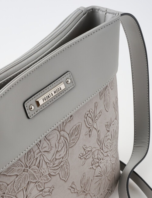 Pronta Moda Flora Embossed Crossbody Bag, Grey product photo View 06 L