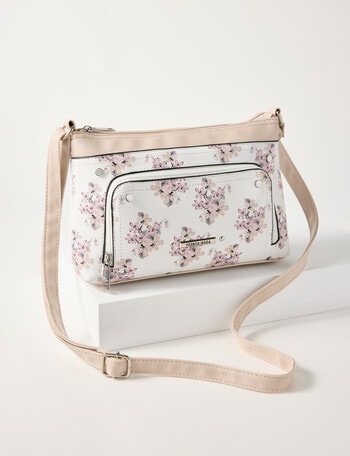 Pronta Moda Floral Zipped Crossbody Bag, White product photo