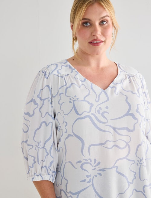 Studio Curve Collection Stencil V Neck Top, Blue & White product photo
