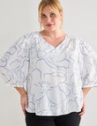 Studio Curve Collection Stencil V Neck Top, Blue & White product photo View 04 S