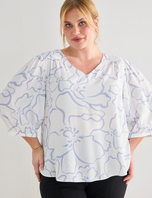 Studio Curve Collection Stencil V Neck Top, Blue & White product photo View 04 L