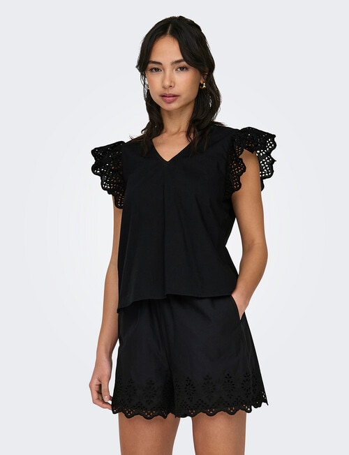ONLY Lou Embroidered Short Sleeve Frill Top, Black product photo